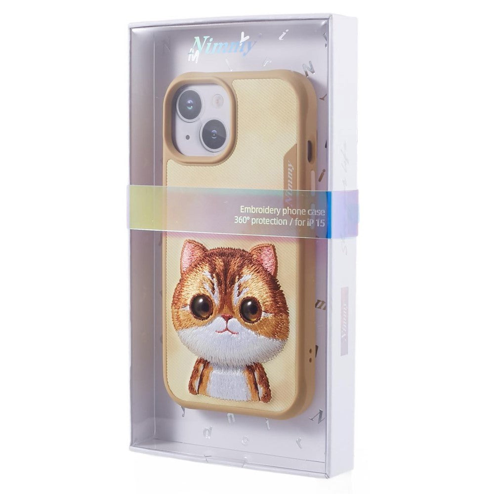 iPhone 15 Hybrid Case w. Animal Motif & Embroidery - Orange Cat