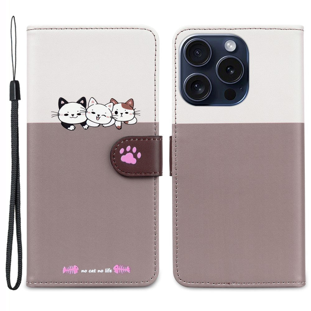 iPhone 15 Pro Flip Case with Strap / Standing function / Card Holder - White / Brown (Cats)