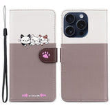 iPhone 15 Pro Flip Case with Strap / Standing function / Card Holder - White / Brown (Cats)