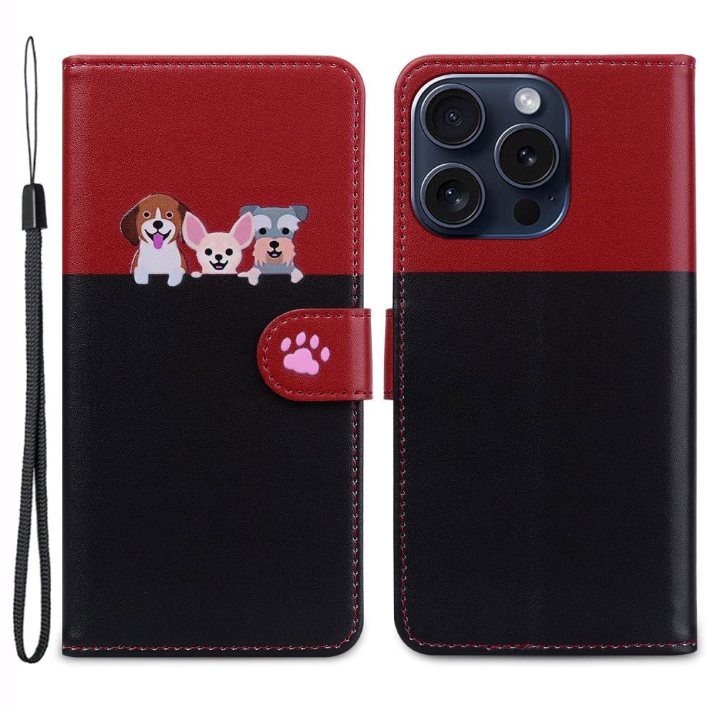 iPhone 15 Pro Flip Case with Strap / Standing function / Card Holder - Red / Black (Dogs)