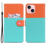 iPhone 15 Flip Case with Strap / Standing function / Card Holder - Orange / Blue (Cats)