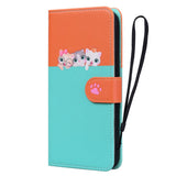 iPhone 15 Flip Case with Strap / Standing function / Card Holder - Orange / Blue (Cats)