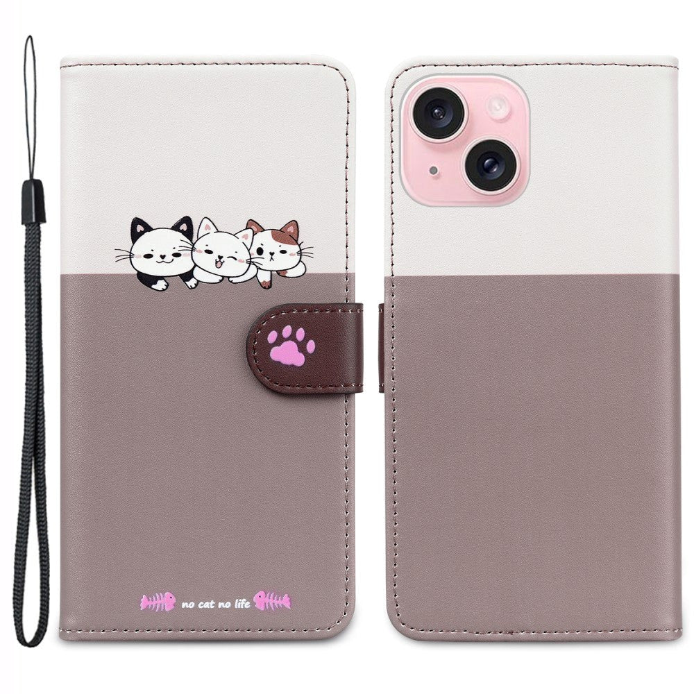 iPhone 15 Flip Case with Strap / Standing function / Card Holder - White / Brown (Cats)