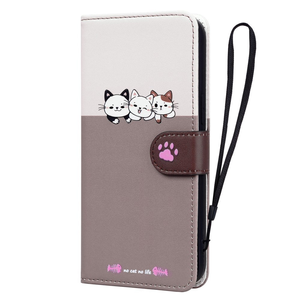 iPhone 15 Flip Case with Strap / Standing function / Card Holder - White / Brown (Cats)