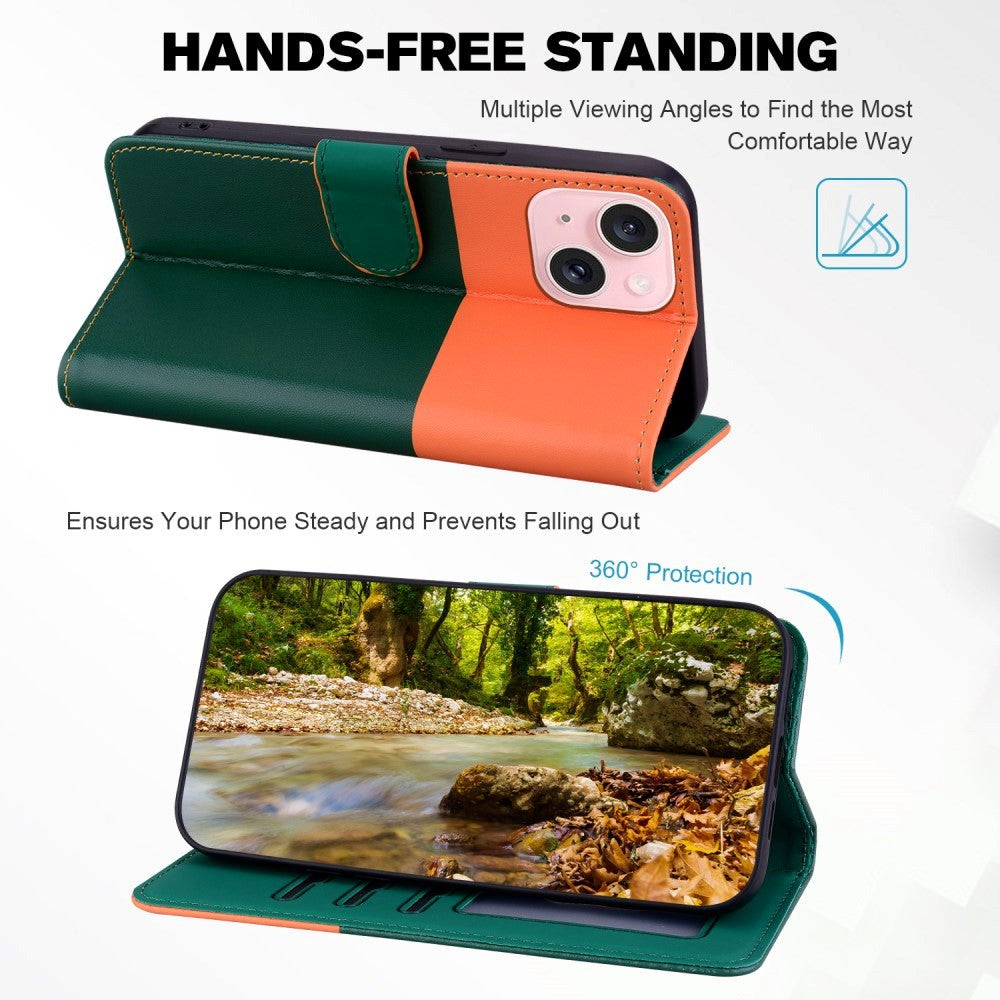 iPhone 15 Flip Case with Strap / Standing function / Card Holder - Orange / Green (Cats)