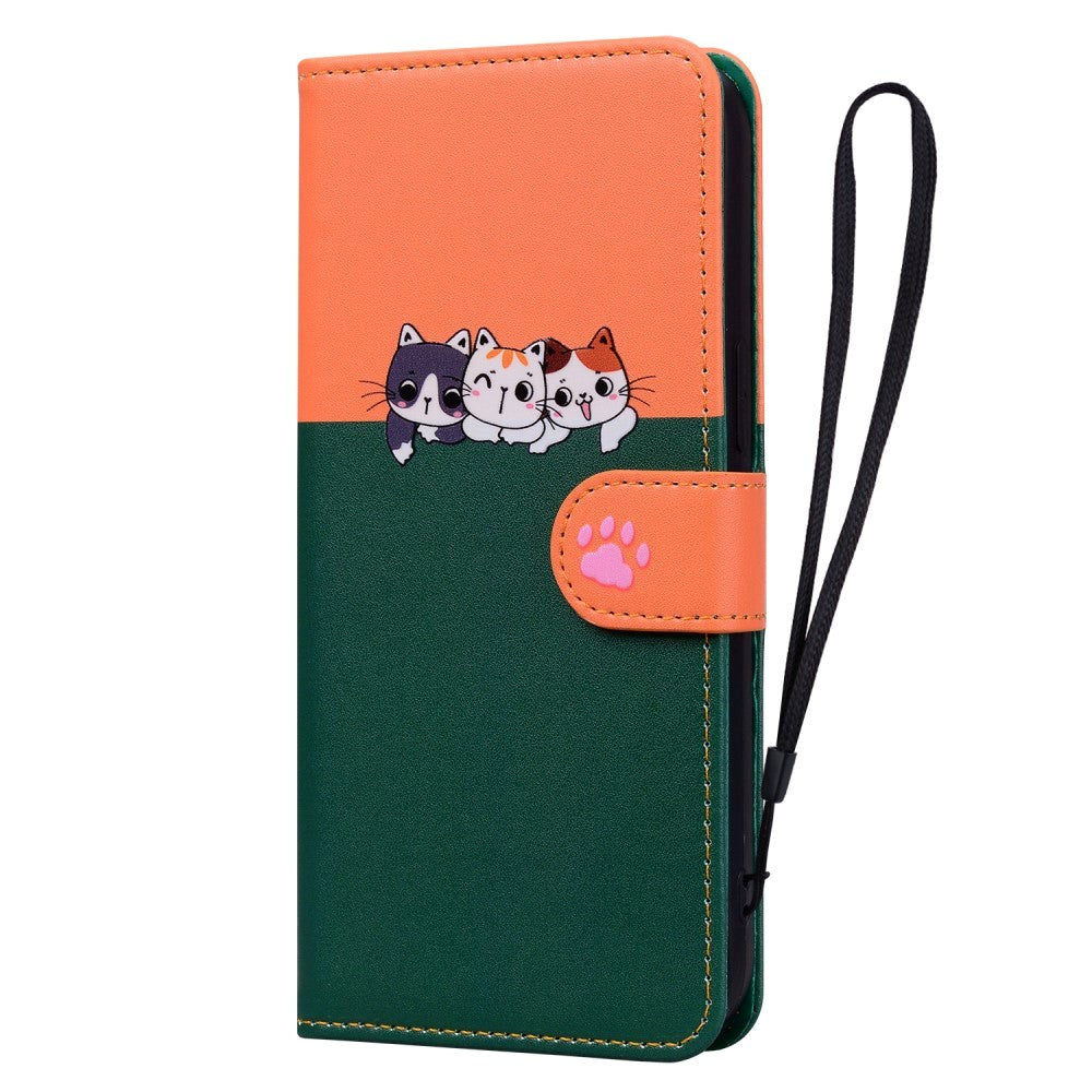 iPhone 15 Flip Case with Strap / Standing function / Card Holder - Orange / Green (Cats)