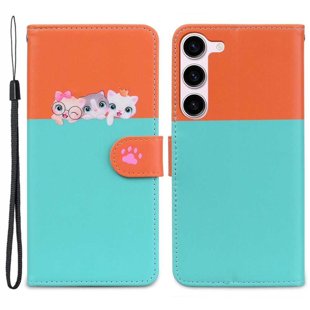 Samsung Galaxy S24 Flip Case with Strap / Standing function / Card Holder - Orange / Blue (Cats)