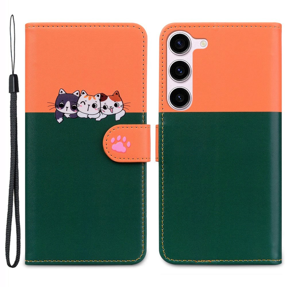 Samsung Galaxy S24 Flip Case with Strap / Standing function / Card Holder - Orange / Green (Cats)