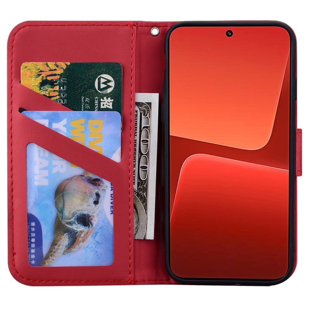 Xiaomi 13 Flip Case with Strap / Standing function / Card Holder - Red (Cat)