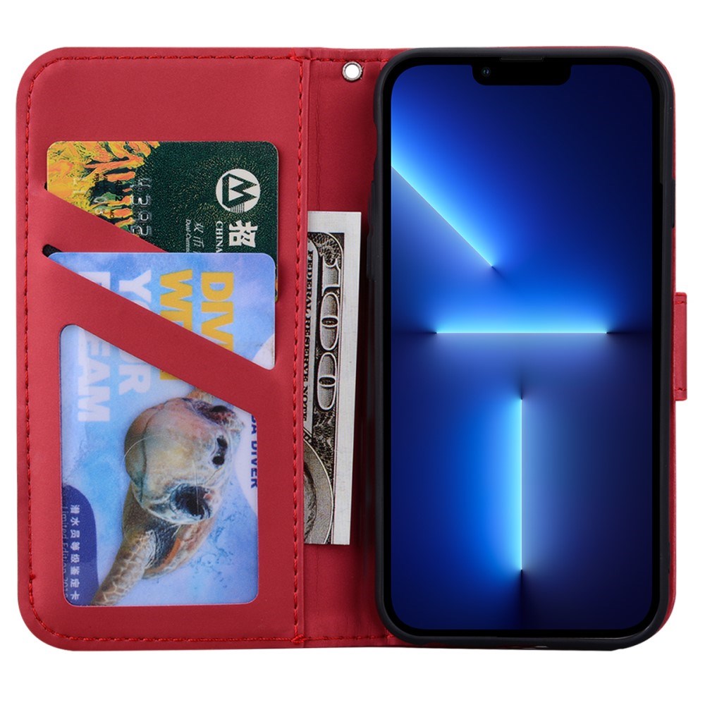 iPhone 13 Pro Flip Case with Strap / Standing function / Card Holder - Red (Cat)