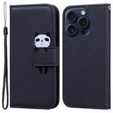 iPhone 15 Pro Flip Case with Strap / Standing function / Card Holder - Black (Panda)