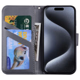 iPhone 15 Pro Flip Case with Strap / Standing function / Card Holder - Gray (Dog)