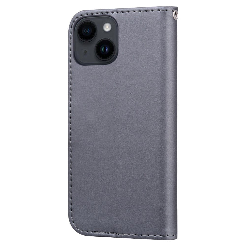 iPhone 14 Flip Case with Strap / Standing function / Card Holder - Gray (Dog)