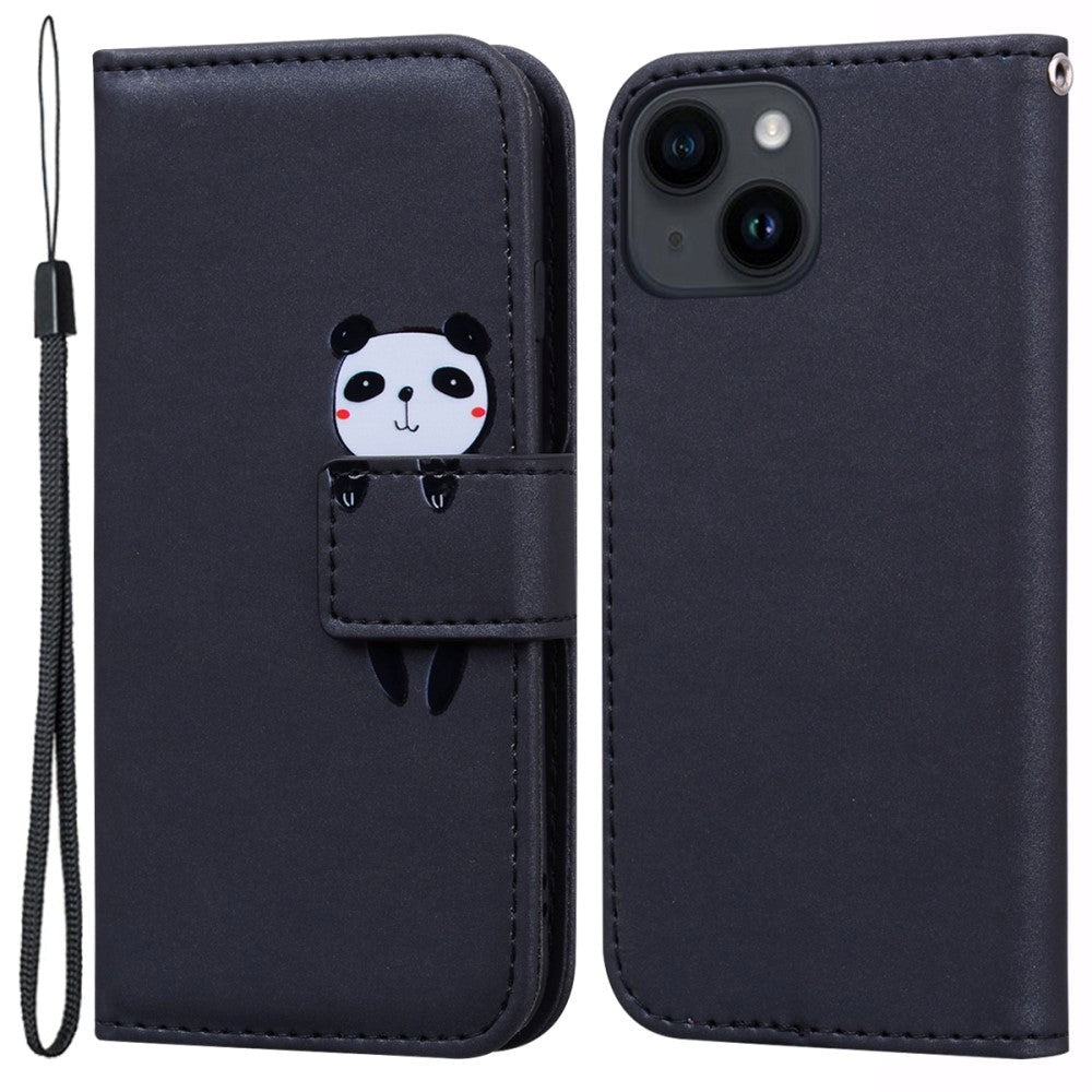 iPhone 14 Flip Case with Strap / Standing function / Card Holder - Black (Panda)