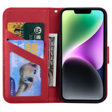 iPhone 14 Flip Case with Strap / Standing function / Card Holder - Red (Cat)