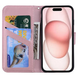 iPhone 15 Flip Case with Strap / Standing function / Card Holder - Pink (Rabbit)