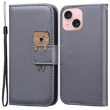 iPhone 15 Flip Case with Strap / Standing function / Card Holder - Gray (Dog)