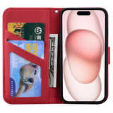 iPhone 15 Flip Case with Strap / Standing function / Card Holder - Red (Cat)