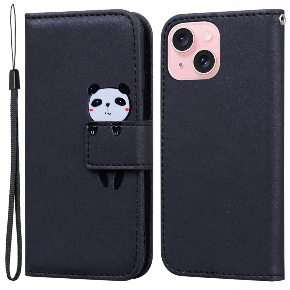 iPhone 15 Flip Case with Strap / Standing function / Card Holder - Black (Panda)