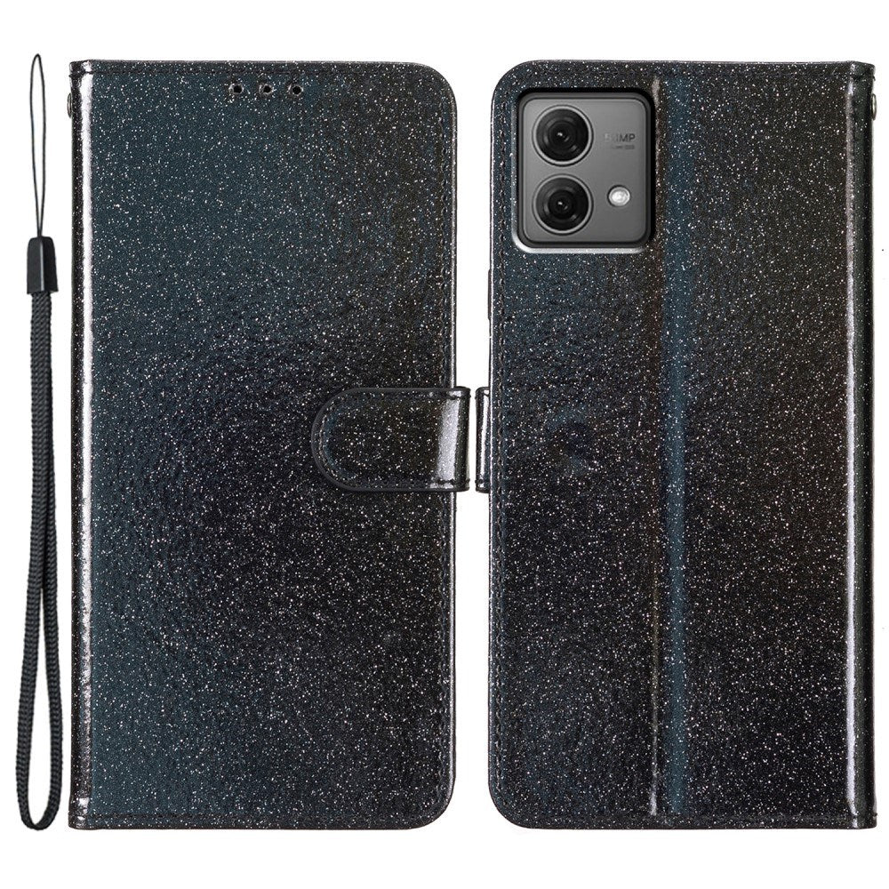 EIDERWOOD Motorola Moto G84 Leather Flip Case with Wallet and Strap - Glitter - Black