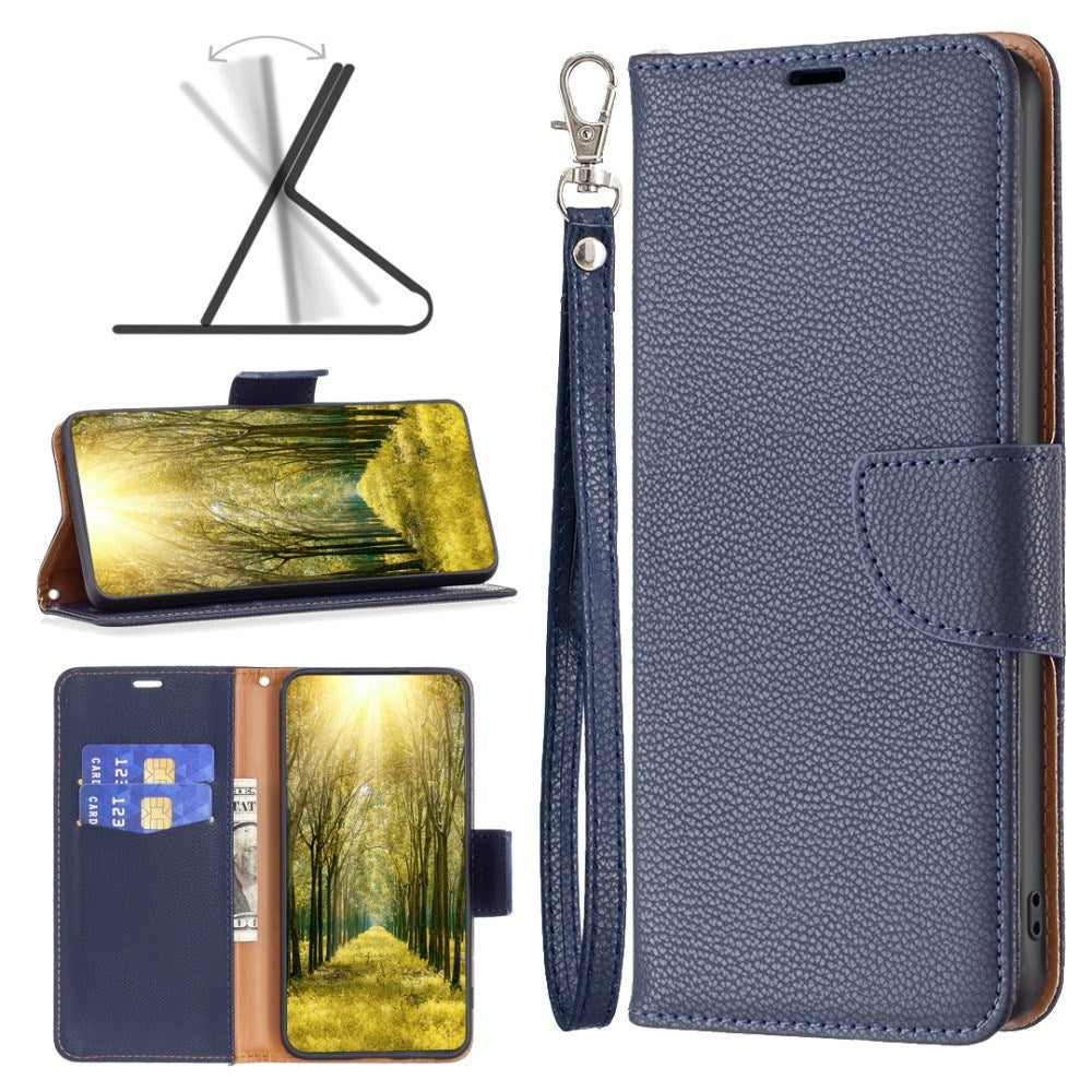 EIDERWOOD Xiaomi Redmi Note 13 (5G) PU Litchi Leather Wallet Case with Strap - Blue