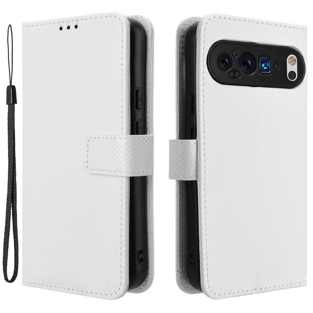 EIDERWOOD Google Pixel 9 / 9 Pro Leather Flip Case w. Strap & Texture - White