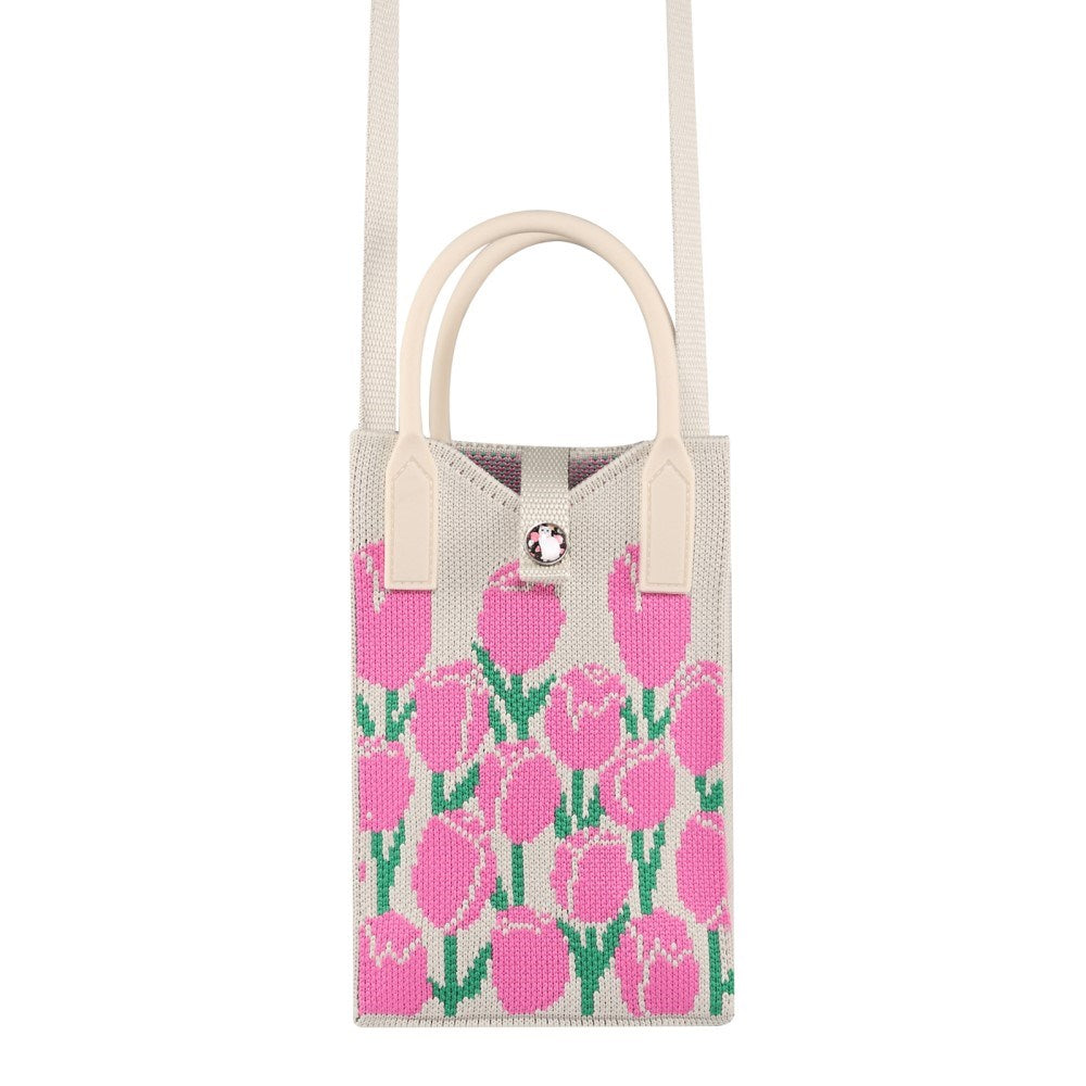 Knitted Crossbody Shoulder Bag with Hand Strap (180 x 120 mm) - Pink Flowers