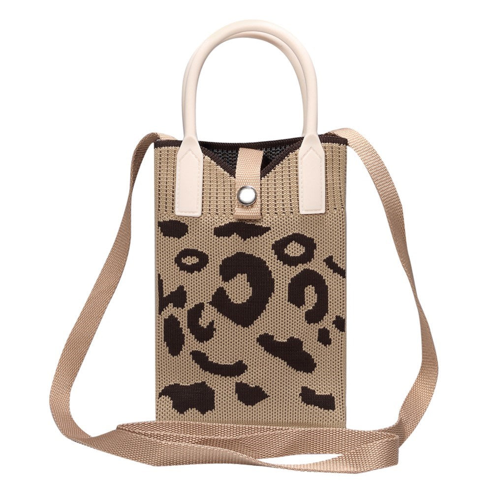 Knitted Crossbody Shoulder Bag with Hand Strap (180 x 120 mm) - Brown / Leopard