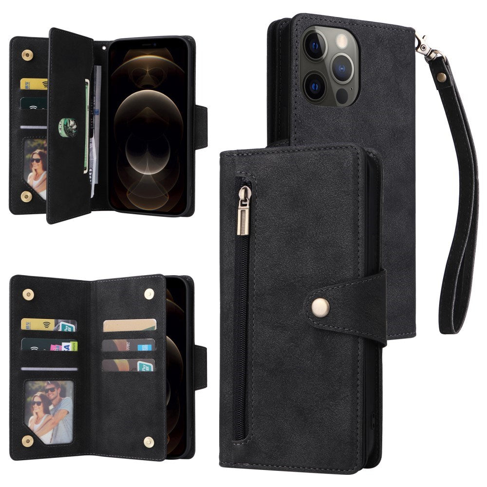 EIDERWOOD iPhone 12 Pro Max Flip Case with Card Holder & Zipper Pocket - Black