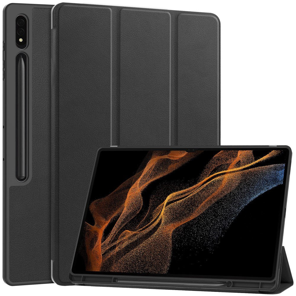 Samsung Galaxy Tab S10 Ultra Tri-Fold Leather Flip Cover with Stand Function & Pencil Holder - Black