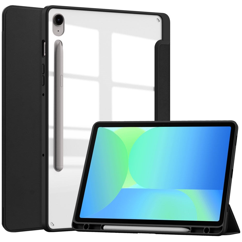 EIDERWOOD Samsung Galaxy Tab S10 Lite / S10 FE / S9 FE Flip Case - Stand Function & Stylus Pen Holder - Transparent / Black