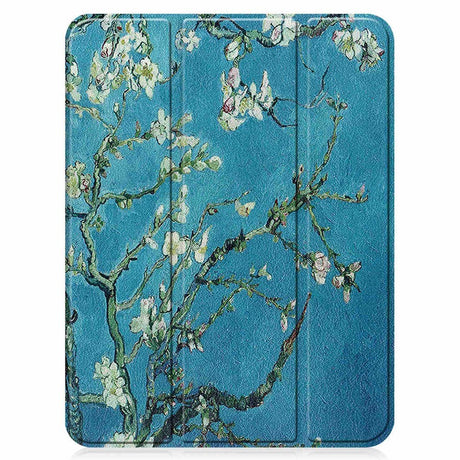 iPad 10.9" (2022) Leather Tri-fold Case w. Pen Holder - White Flowers