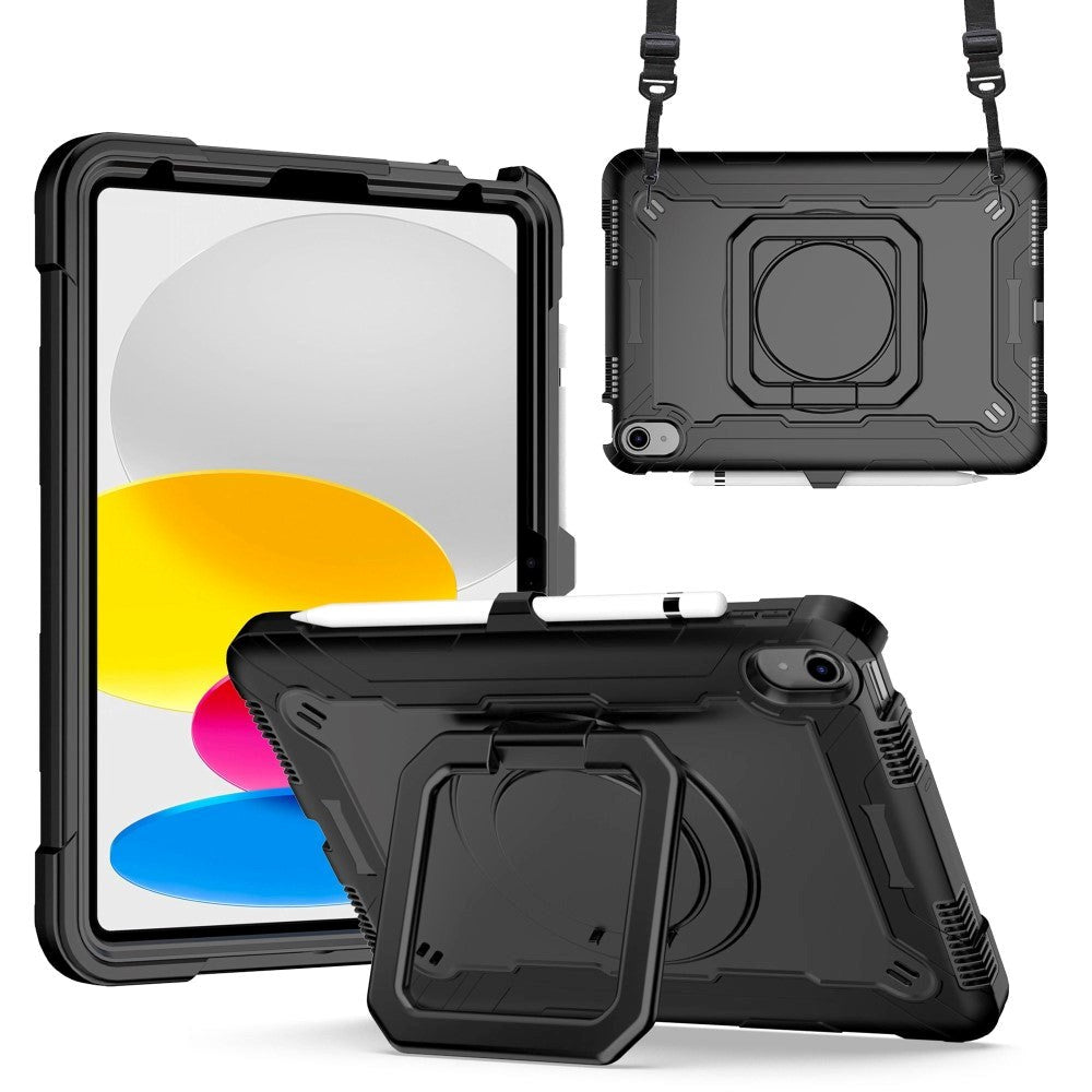 iPad 10.9 (2022) Tough Silicone Cover w. 360 Degree Stand & Carrying Strap - Black