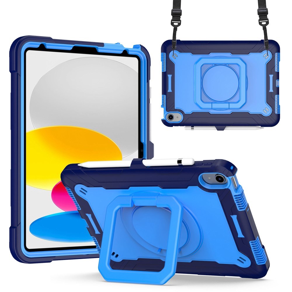 iPad 10.9" (2024/2022) Tough Silicone Cover w. 360 Degree Stand & Carrying Strap - Blue