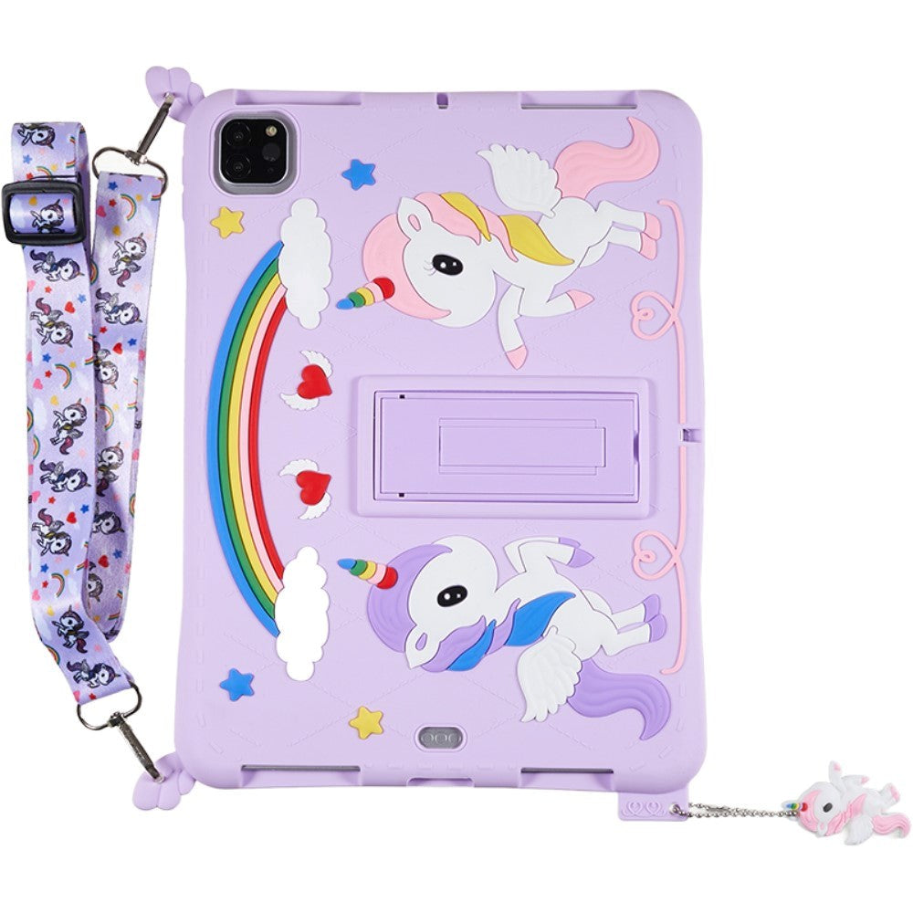 iPad Air (2022 / 2020) / Pro 11 (2022 / 2021 / 2020 / 2018) Silicone Case w. Stand, Print & Strap - Unicorn