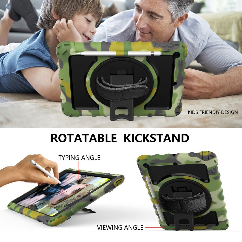 iPad 10.2" (2021 / 2020 / 2019) Drop Proof Case w. Hand Holder, Kickstand & Apple Pencil Holder - Camouflage