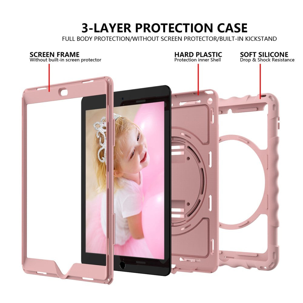 iPad 10.2" (2021 / 2020 / 2019) Drop Proof Case w. Hand Holder, Kickstand & Apple Pencil Holder - Rose Gold