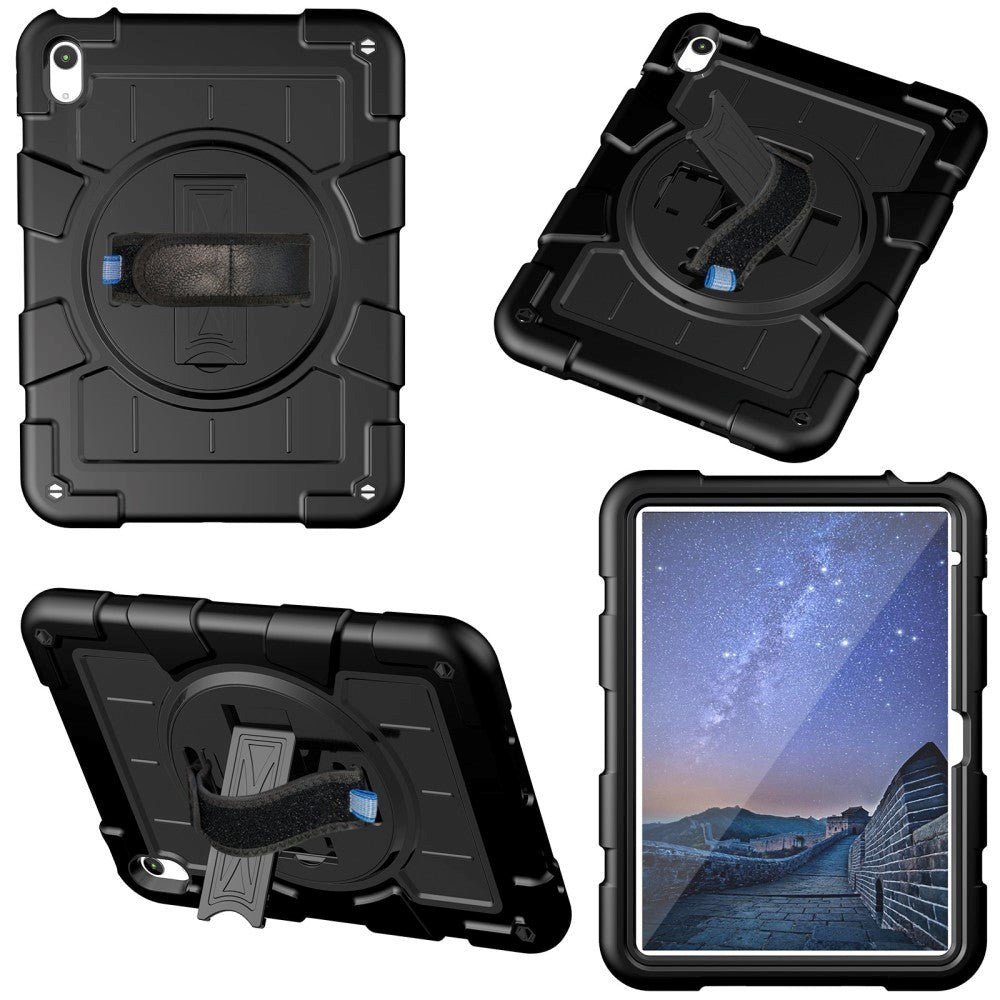 iPad 10.9" (2022) Tough Case w. Hand Holder, Kickstand & Shoulder Strap - Black