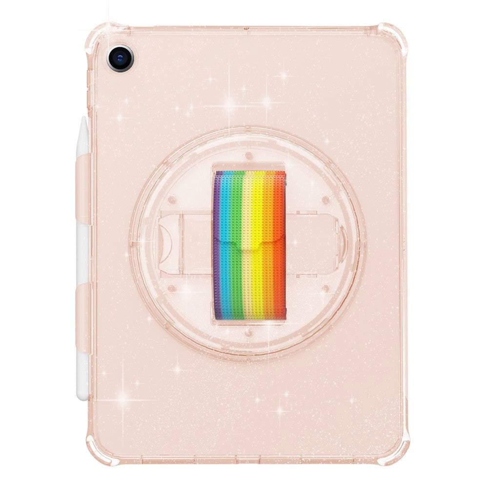 iPad 10.2" (2021 / 2020 / 2019) Hard Plastic Case w. Hand Holder, Kickstand & Shoulder Strap - Transparent / Glitter Gold