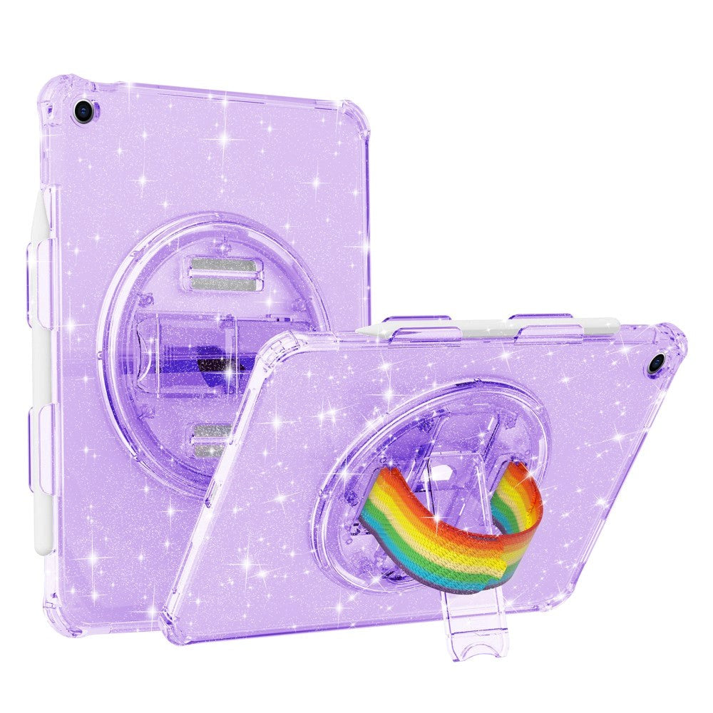 iPad 10.2" (2021 / 2020 / 2019) Hard Plastic Case w. Hand Holder, Kickstand & Shoulder Strap - Transparent / Glitter Purple