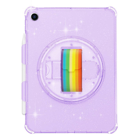 iPad 10.2" (2021 / 2020 / 2019) Hard Plastic Case w. Hand Holder, Kickstand & Shoulder Strap - Transparent / Glitter Purple