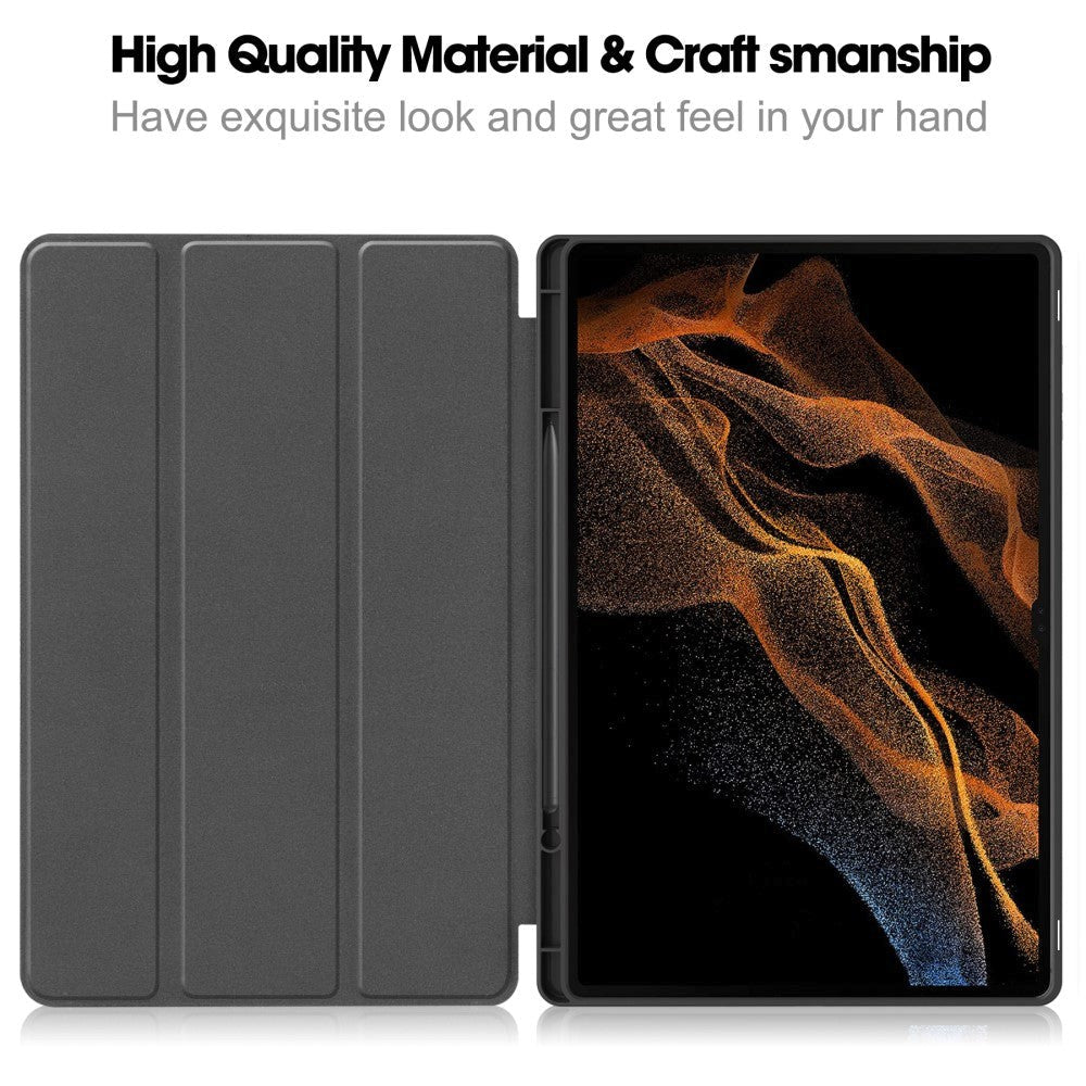 Samsung Galaxy Tab S9 Ultra Tri-Fold Leather Flip Cover with Stand Function & Pencil Holder - Black