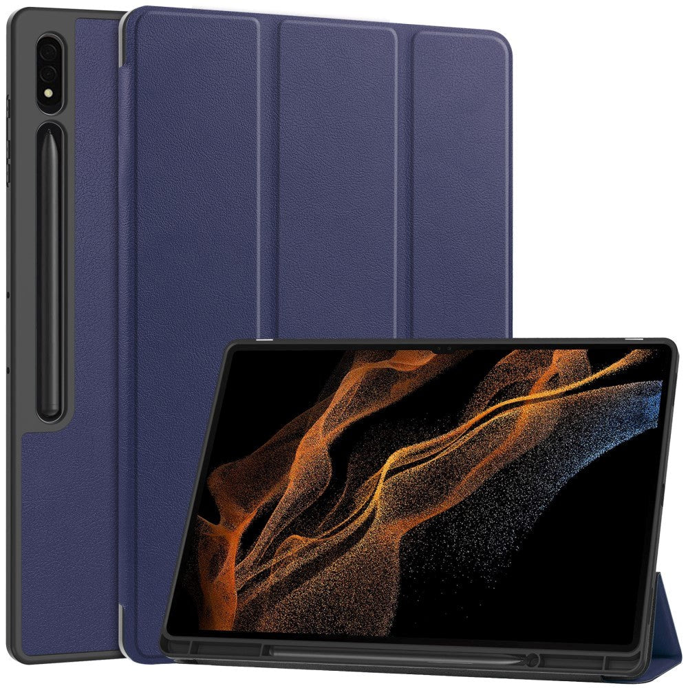 Samsung Galaxy Tab S9 Ultra Tri-Fold Leather Flip Cover with Stand Function & Pencil Holder - Blue