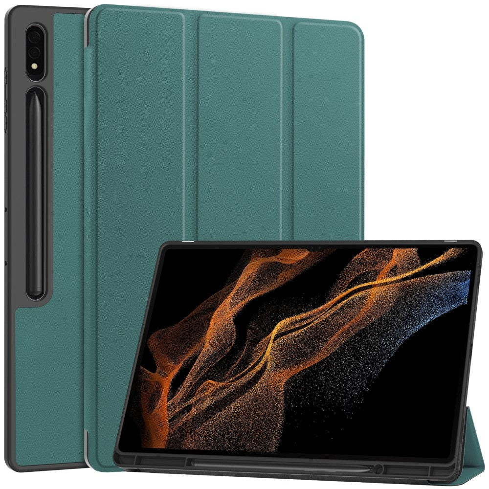 Samsung Galaxy Tab S9 Ultra Tri-Fold Leather Flip Cover with Stand Function & Pencil Holder - Green