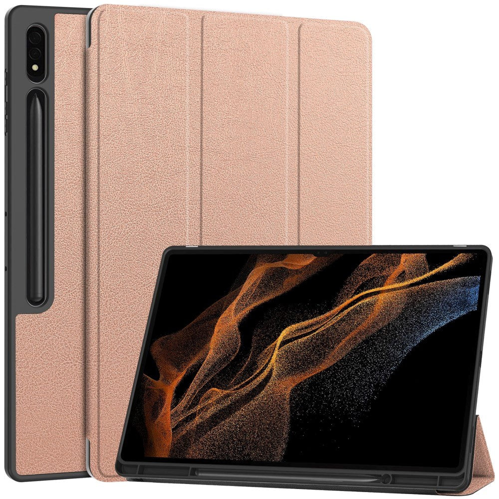 Samsung Galaxy Tab S9 Ultra Tri-Fold Leather Flip Cover with Stand Function & Pencil Holder - Rose Gold