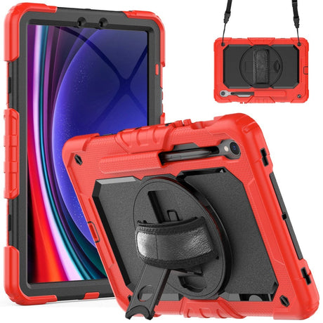 Samsung Galaxy Tab S9 Tough Case w. Protective Film, Hand Holder & Shoulder Strap - Red / Black