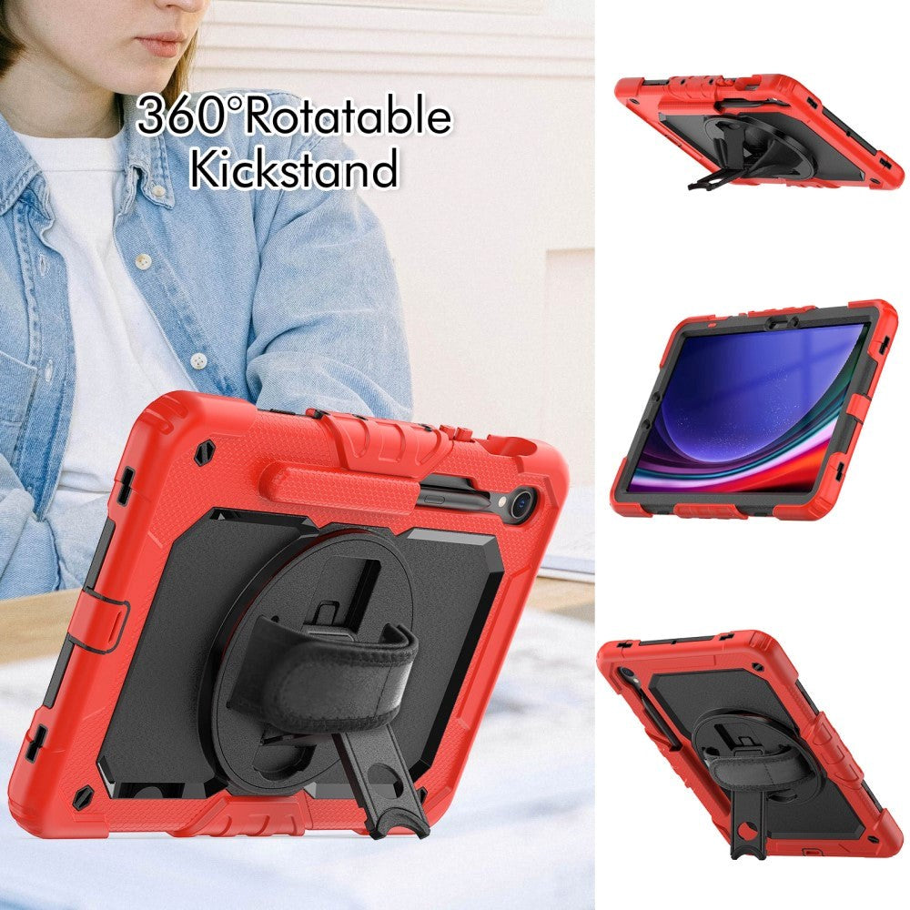 Samsung Galaxy Tab S9 Tough Case w. Protective Film, Hand Holder & Shoulder Strap - Red / Black