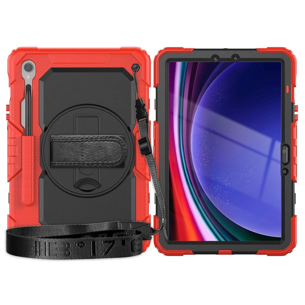 Samsung Galaxy Tab S9 Tough Case w. Protective Film, Hand Holder & Shoulder Strap - Red / Black