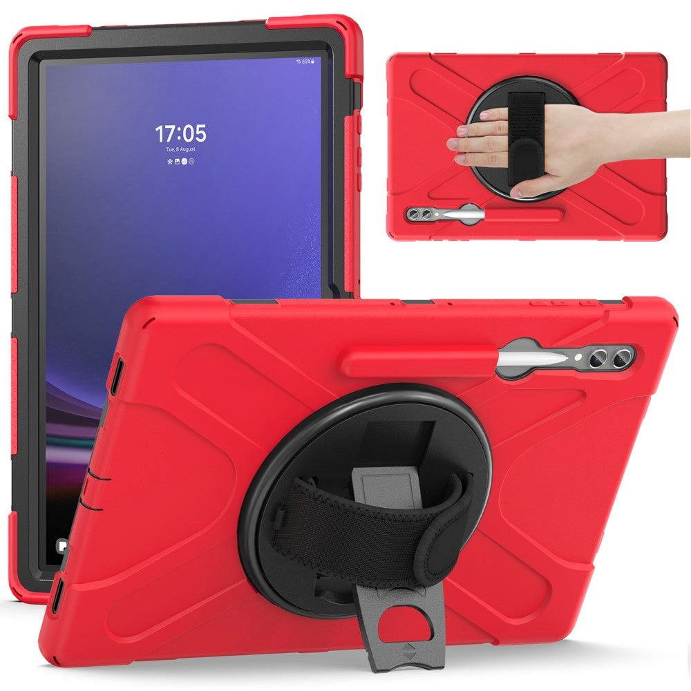 Samsung Galaxy Tab S9 Ultra / S8 Ultra Drop Proof Case w. Hand Holder, Kickstand & Pencil Holder - Red / Black