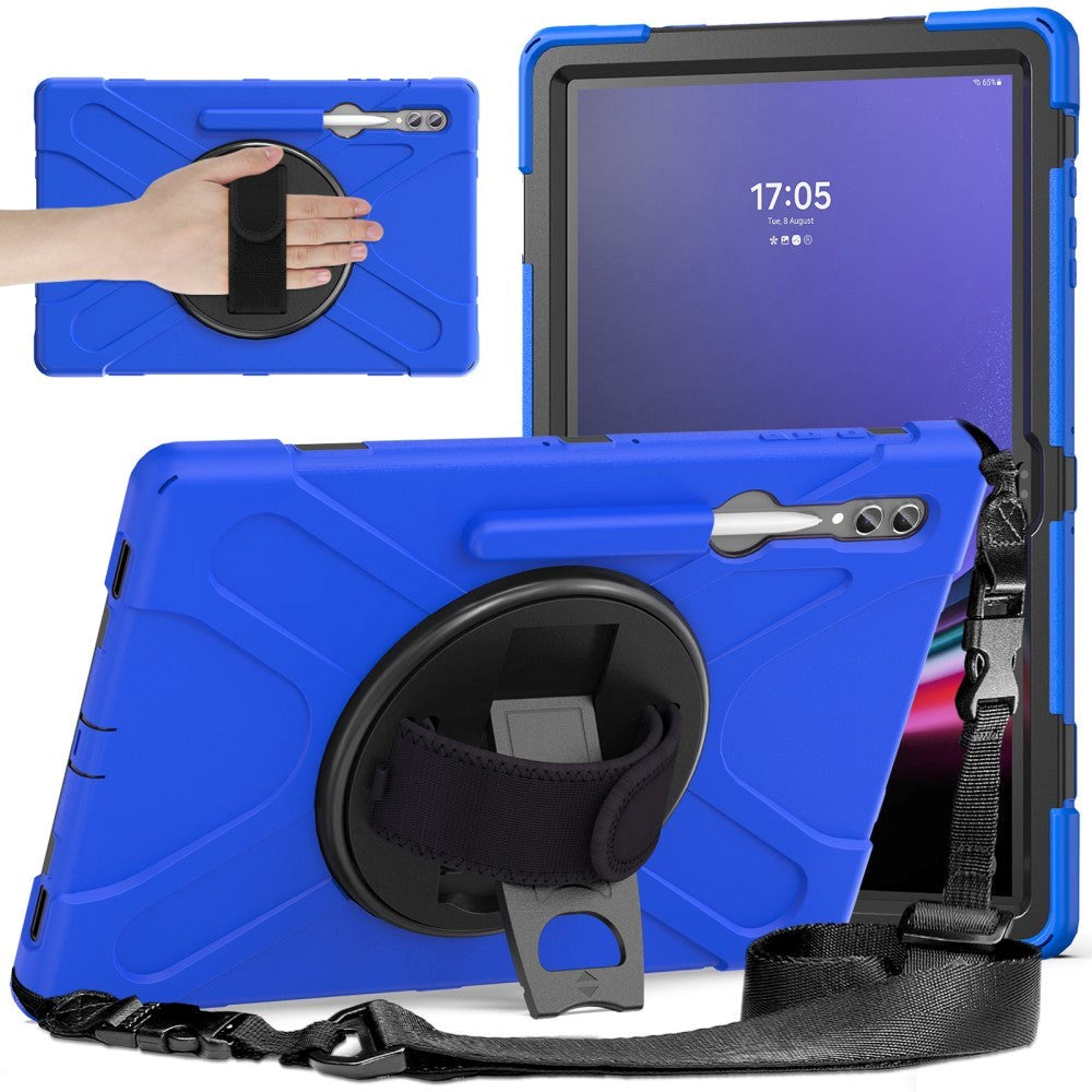 Samsung Galaxy Tab S9 Ultra / S8 Ultra Drop Proof Case w. Hand Holder, Kickstand, Pencil Holder & Shoulder Strap - Blue / Black